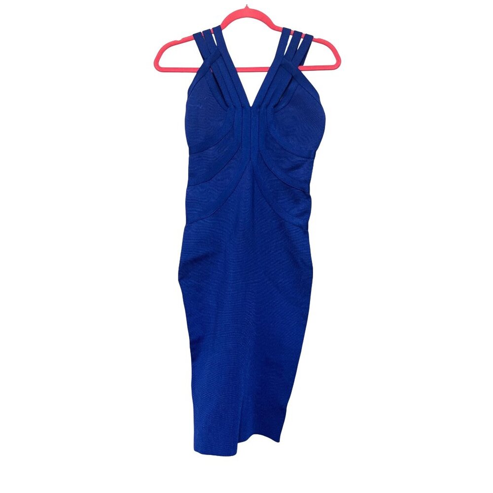 ANGL Royal Blue Bandage Bodycon Midi Dress With Strappy V-Neck Design Size L